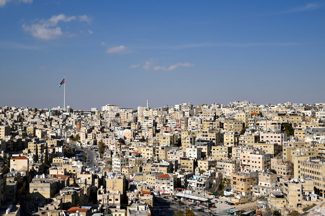 A dense city sprawls under a blue sky.