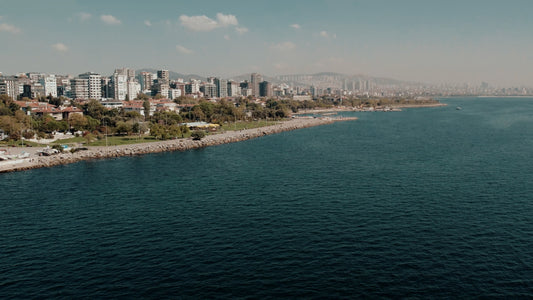 A coastal city skyline next to a vast blue sea.